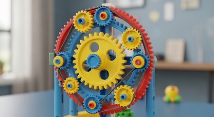 Naklejka premium Colorful Gear Mechanism Displaying Interlocking Cogs and Wheels in Motion.