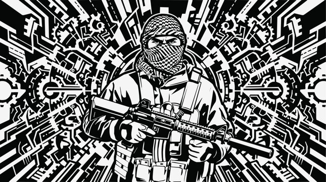 Tactical Soldier Wearing a Keffiyeh Holding an Assault Rifle, Modern Warrior Illustration with Abstract Mechanical Background and High Contrast Design