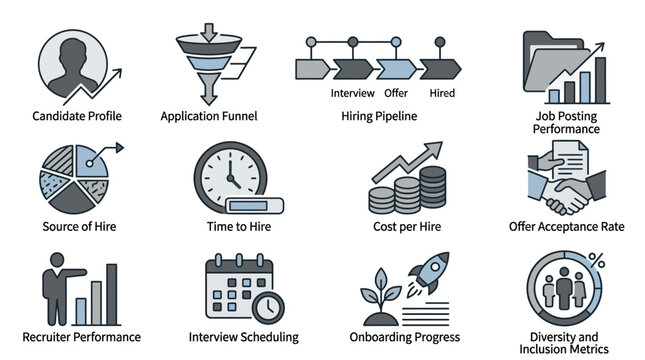 Business recruitment process flow icons.
