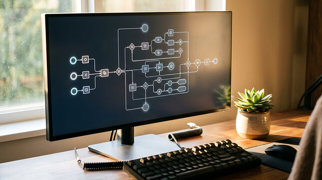 Computer monitor displaying a complex flowchart or algorithm on a wooden desk by a window, soft natural light, modern technology setup