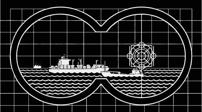 Digital Binoculars view of a Cargo Ship during a Surveillance mission for Maritime security with an integrated Radar target overlay and grid system