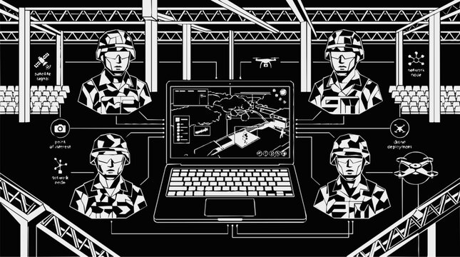 Military command and control system featuring a central laptop showing digital surveillance data and tactical soldiers for strategic operations