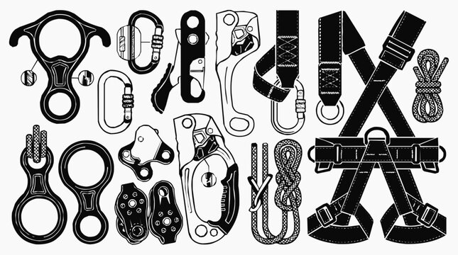 Professional climbing gear and equipment set including a safety harness and carabiner for mountaineering and extreme rock climbing