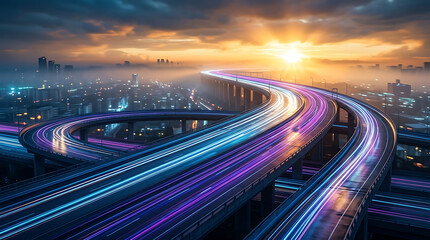 Obraz premium Busy highway interchange at dusk with light trails from cars, city skyline in the background, symbolizing traffic flow and urban connectivity