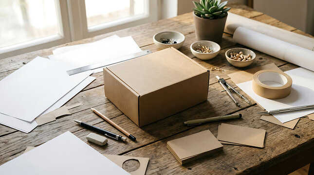 Cardboard box on rustic wooden table with crafting supplies, paper, pencils, tape, and small bowls of nuts, ready for packing or shipping