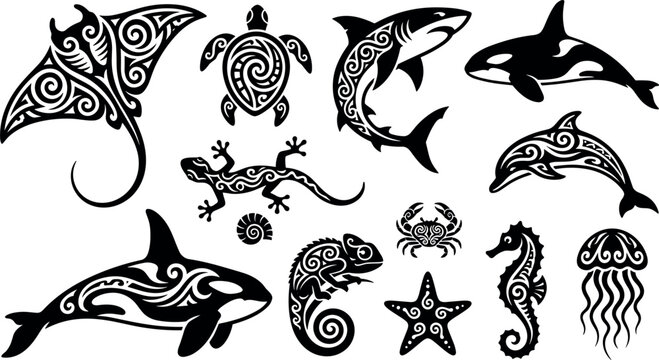 Maori Tribal Sea Animal Silhouette Vector Set with Polynesian Style Stingray Turtle Shark Dolphin Orca and Seahorse Tattoo Designs