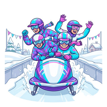 Four athletes racing in a bobsleigh on a snowy winter track illustration