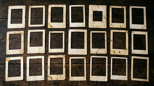 Collection of vintage instant photo frames with torn edges and weathered texture, arranged on a dark wooden background, evoking nostalgia and memories.