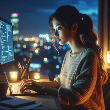 Woman working on computer at night with city view