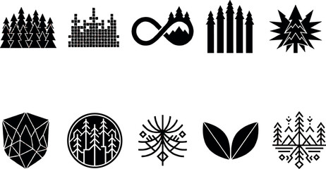 Abstract pine forest tree silhouette icons vector bundle featuring geometric low poly pixel art infinity loop and outdoor adventure logo design elements © MstAduri