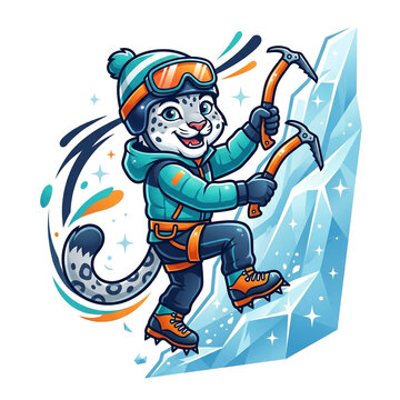 Cute cartoon snow leopard climbing a vertical ice wall with ice axes