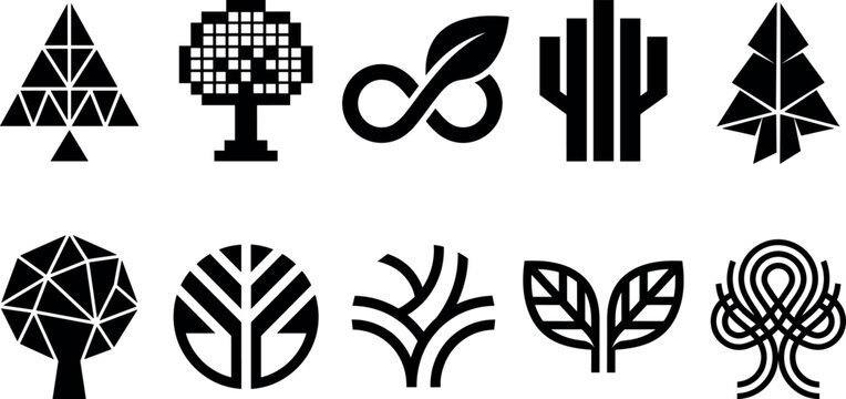 Abstract tree and leaf silhouette icons vector bundle featuring geometric origami low poly pixel art infinity loop and organic nature logo elements