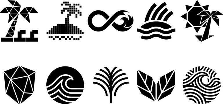Abstract tropical beach logo icons vector bundle featuring geometric palm tree ocean wave infinity loop pixel island and sun silhouettes