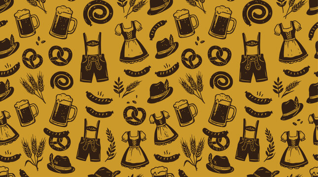 Seamless Bavarian Oktoberfest pattern in mustard yellow featuring silhouette icons of beer mugs, pretzels, dirndl, lederhosen, hats, wheat and hops for backgrounds.
