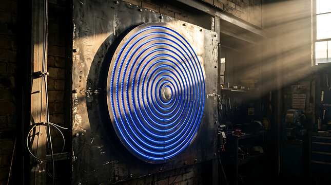Circular illuminated industrial device with concentric blue lights in a workshop setting, dramatic sunbeams