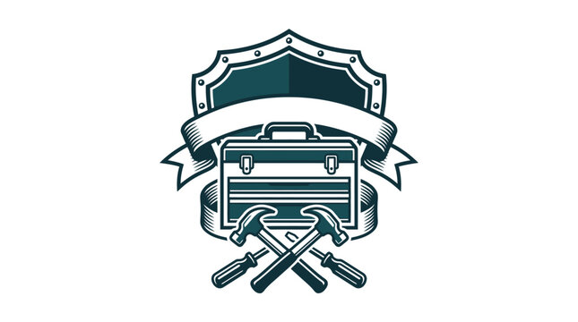 Vintage construction logo emblem featuring a shield, blank ribbon banner, professional toolbox, crossed hammers, and screwdrivers isolated on a white background for repair services.