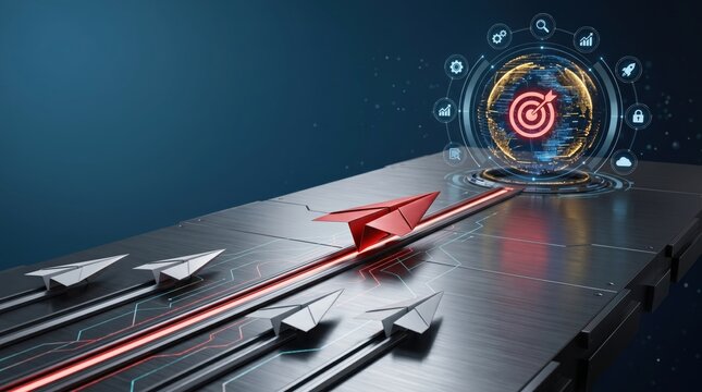 Strategic business goal achievement concept featuring red paper plane leading race on digital track towards target hologram symbolizing success, leadership and competitive advan...