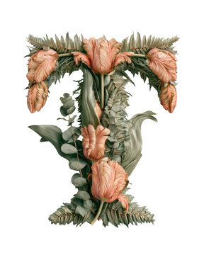 Elegant floral letter T crafted from peach tulips, eucalyptus and fern foliage. Botanical alphabet PNG with a transparent background for branding, weddings and stationery.