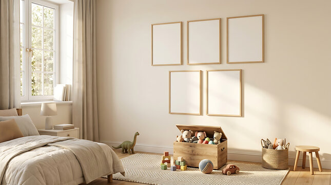 Cozy children's bedroom filled with toys and natural sunlight, four empty picture frames on wall
