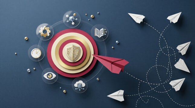 Cybersecurity protection shield concept with red paper plane navigating through digital network icons representing data safety, privacy encryption and secure cloud computing inf...