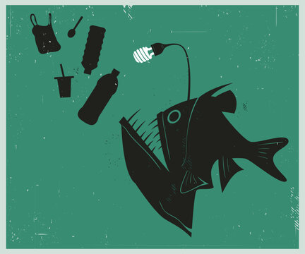 Grunge linocut style illustration of an anglerfish swallowing plastic bottles and bags under a glowing light bulb lure. For ocean pollution, environmental conservation, and ecological awareness