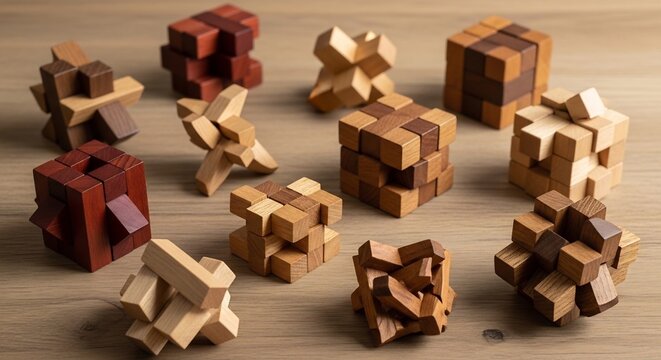 Wooden Puzzle Collection: A Variety of Interlocking Brain Teasers on a Wooden Surface.
