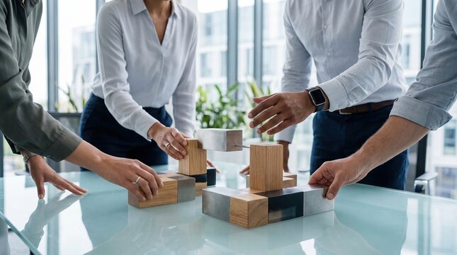 Business team building strategy, colleagues working together on wooden blocks project, corporate teamwork and planning concept in modern office environment, professional collabo...