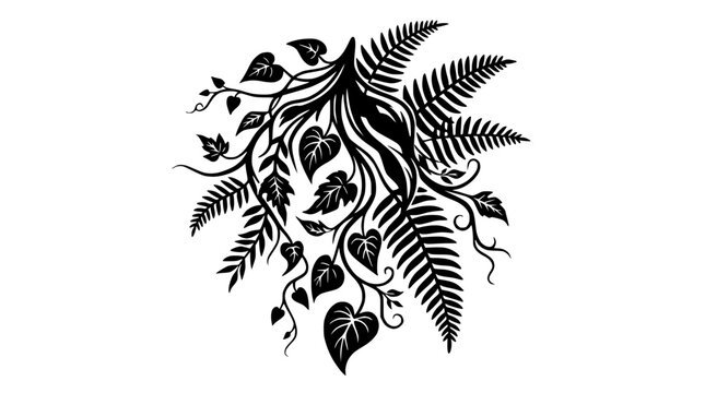 Black Silhouette of Fern and Vine Leaves