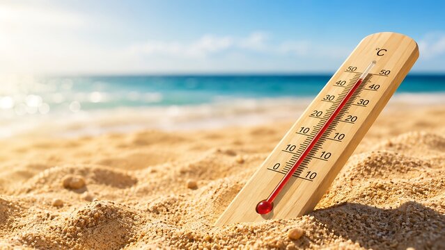 Wooden thermometer angled on a sunny sandy beach shore against a bright blue sky and ocean showing high summer temperatures