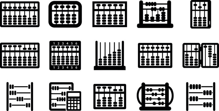 Comprehensive abacus icon collection featuring traditional calculating tools, modern calculators, soroban frames, and educational math counting beads.