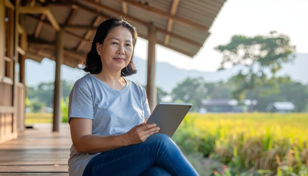 Rural Indonesian Woman Sitting Outdoors Holding Tablet, Digital Literacy