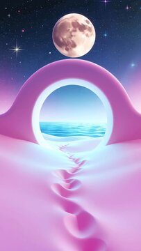 Dreamlike Portal to a Serene Blue Ocean Framed by a Pink Cosmic Archway