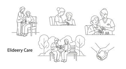 Obraz premium Elderly care line art sketches showing caregiver assistance.