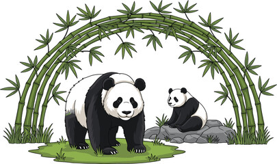 Giant panda and cute little cub standing under a green bamboo arch frame on a white background hand drawn wildlife vector illustration. © Mehedi