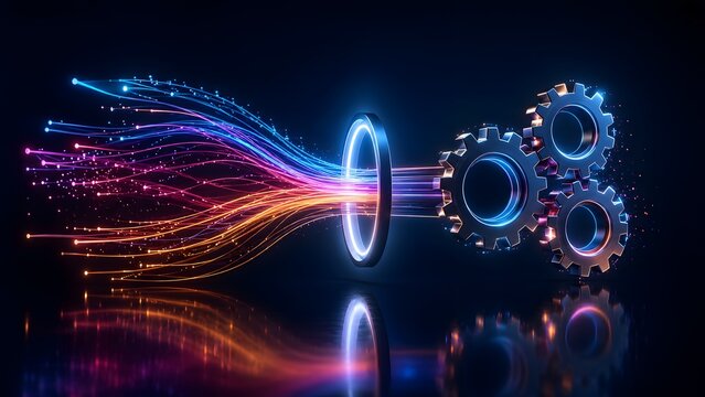 Luminous fiber optic data streams passing through a glowing ring portal transforming into three metallic gears reflecting on a dark glossy surface.