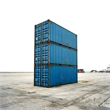Three stacked blue cargo containers standing alone on a vast industrial concrete pavement under bright sky