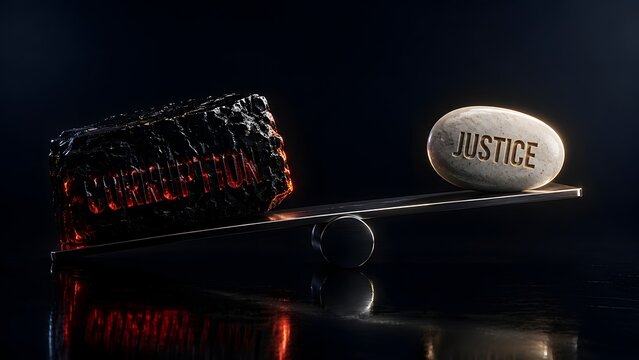 Heavy glowing dark rock labeled corruption outweighing a smooth white justice stone on a metal seesaw symbolizing moral imbalance and legal inequity.