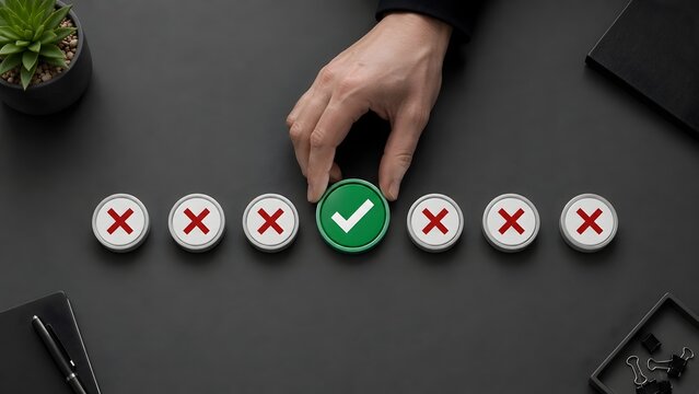 Top view of businessman hand selecting green check mark token among red crosses symbolizing right business decision and success