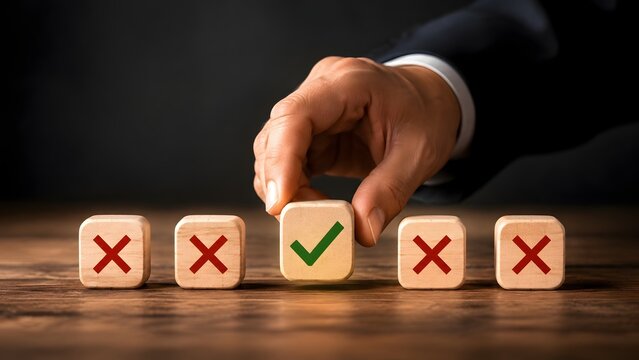 Hand of a businessman choosing a wooden block with a green check mark among red crosses symbolizing correct business decision