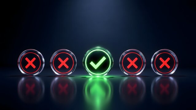 Glowing green check mark icon among red crosses on dark background representing right choice approval and positive decision concept