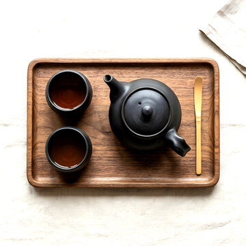Minimalist black ceramic teapot and two cups arranged neatly on a rectangular natural walnut wood tray