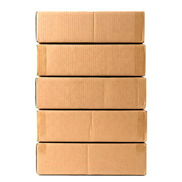 Five uniform brown cardboard boxes stacked vertically in a symmetrical column against white background