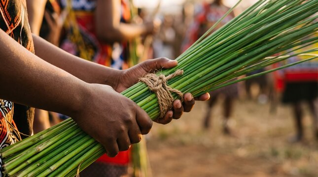Local resident hands holding a bundle of freshly harvested green reed sticks during the traditional parade for independence day of eswatini