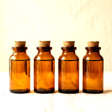 Four identical amber glass bottles with cork stoppers arranged in a row on a neutral white textured surface