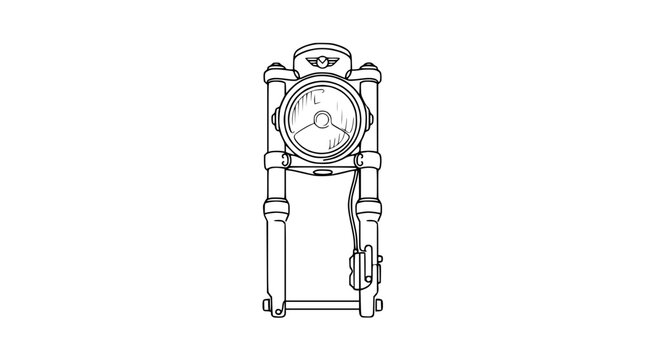 Motorcycle front fork and headlight line drawing illustration, isolated on white background.