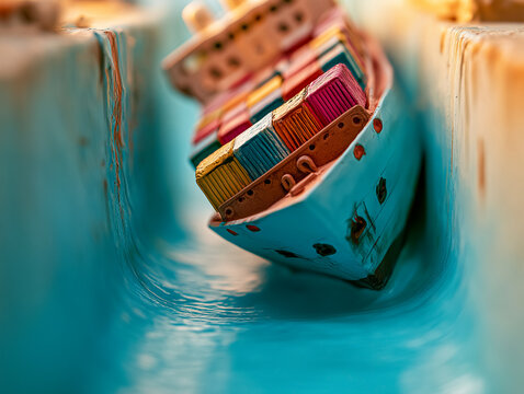Container Ship Stuck in Canal: A miniature cargo ship laden with colorful containers is stuck and tilted in a narrow, blue waterway, symbolizing a supply chain disruption.