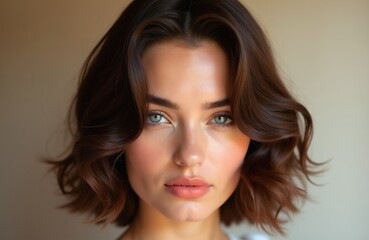 Naklejka premium Close-up portrait of young woman with blue eyes and short brown wavy hair. She has subtle makeup, pink lips, and clear skin. Her look is serene and sophisticated, perfect for beauty ads.