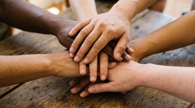 Group of multiethnic diverse hands stacked together in a circle on a wooden table for international day of charity campaign