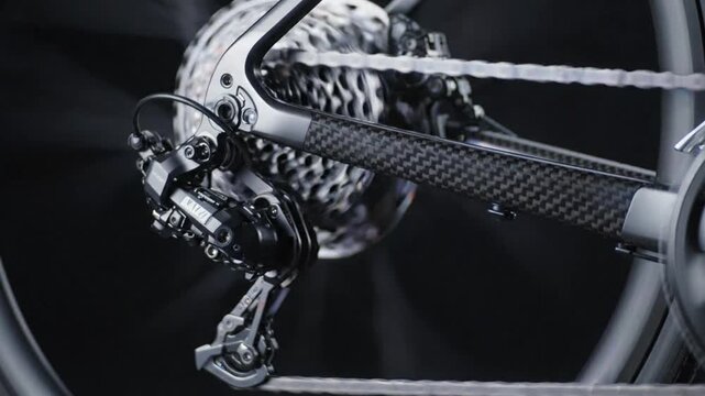 Modern Carbon Fiber Bicycle Drivetrain Close Up with Motion Blur