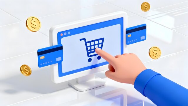 Hand selecting shopping cart icon on computer screen with credit cards and coins floating nearby